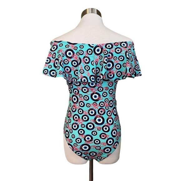 Carol Catugy Brazil Womens M Bodysuit Blue Evil Eye of Horus Print Off Shoulder - Picture 7 of 8